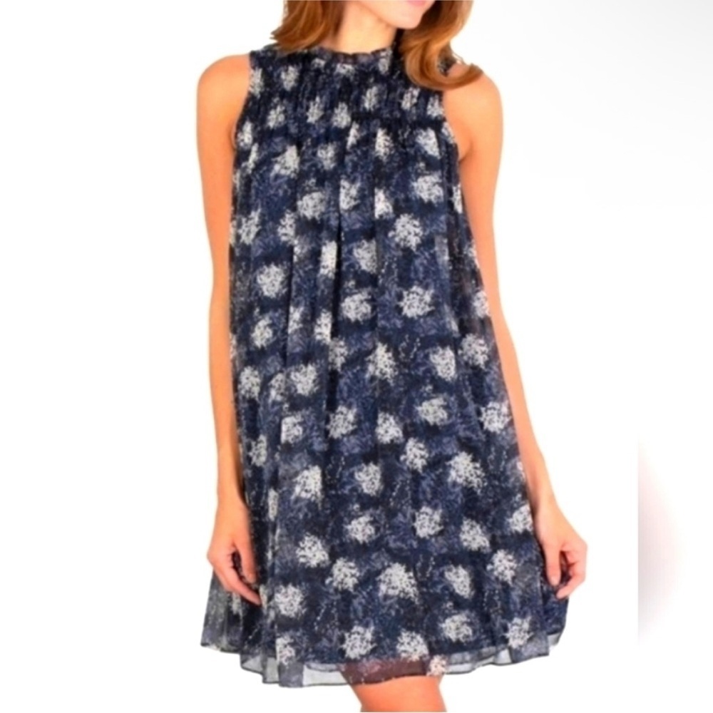 Joie Limited Edition Sleeveless Sheer Overlay Mini Dress Baltic Print Blue- L